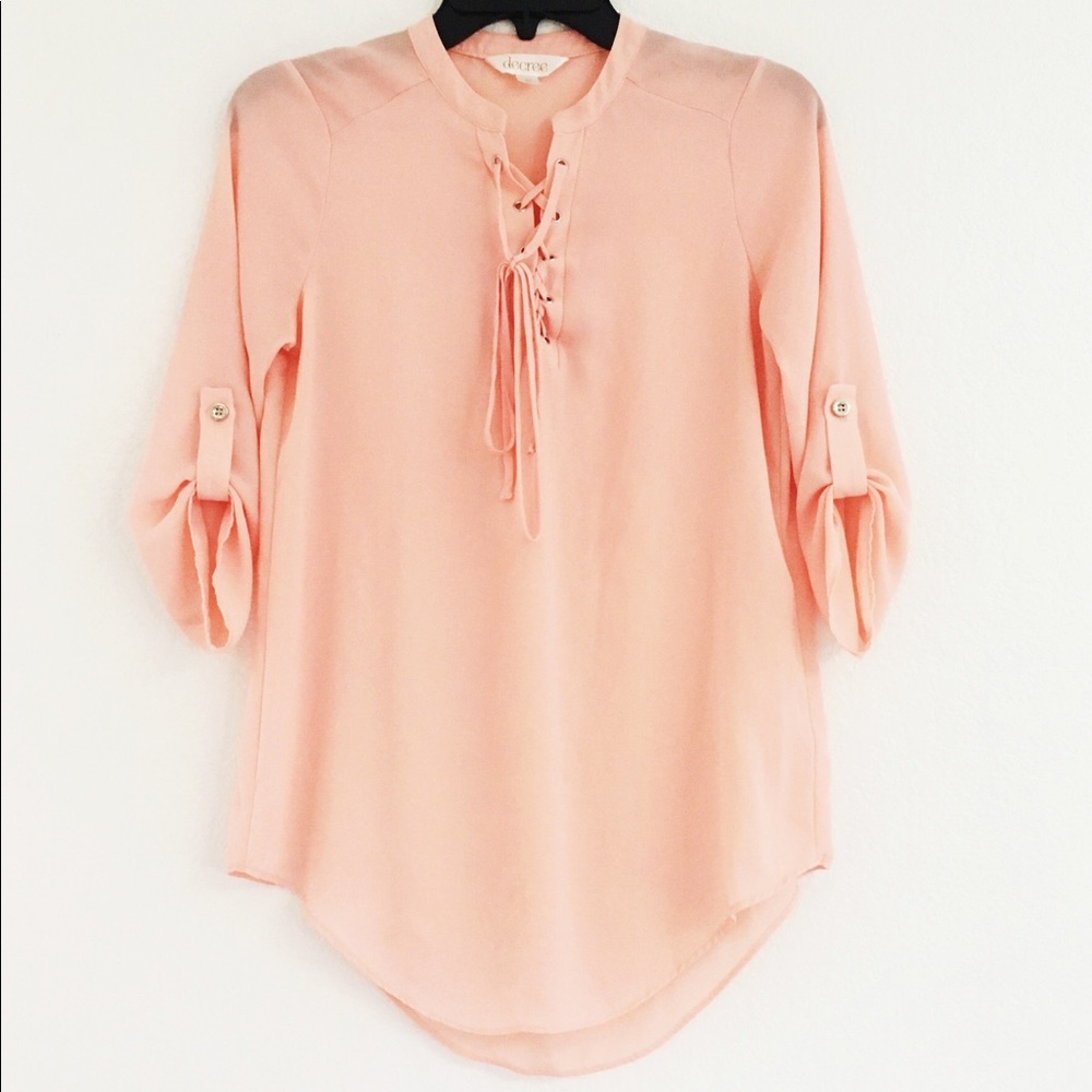 Decree Sheer Peach Criss Cross Tie Neck 3/4 Sleeve